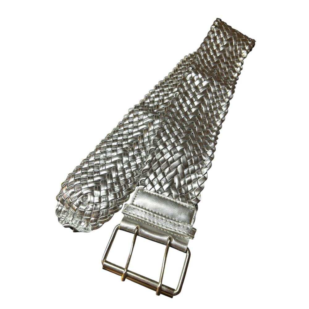 Retro Boho Silver Woven Belt S/M 37” Vintage Statement Accessory